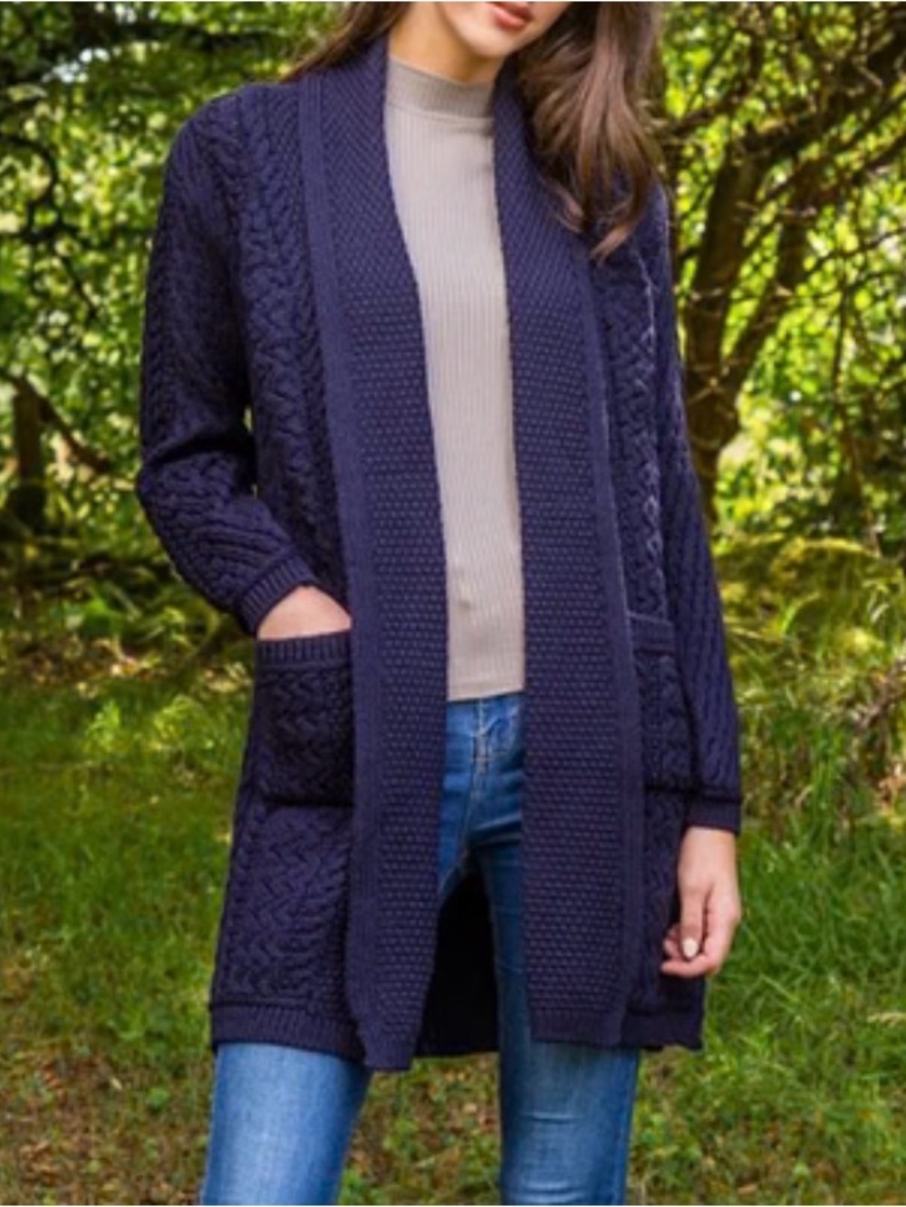 The Irish Store Navy Merino Wool Cable-Knit Open Front Cardigan Size Medium - Picture 8 of 8